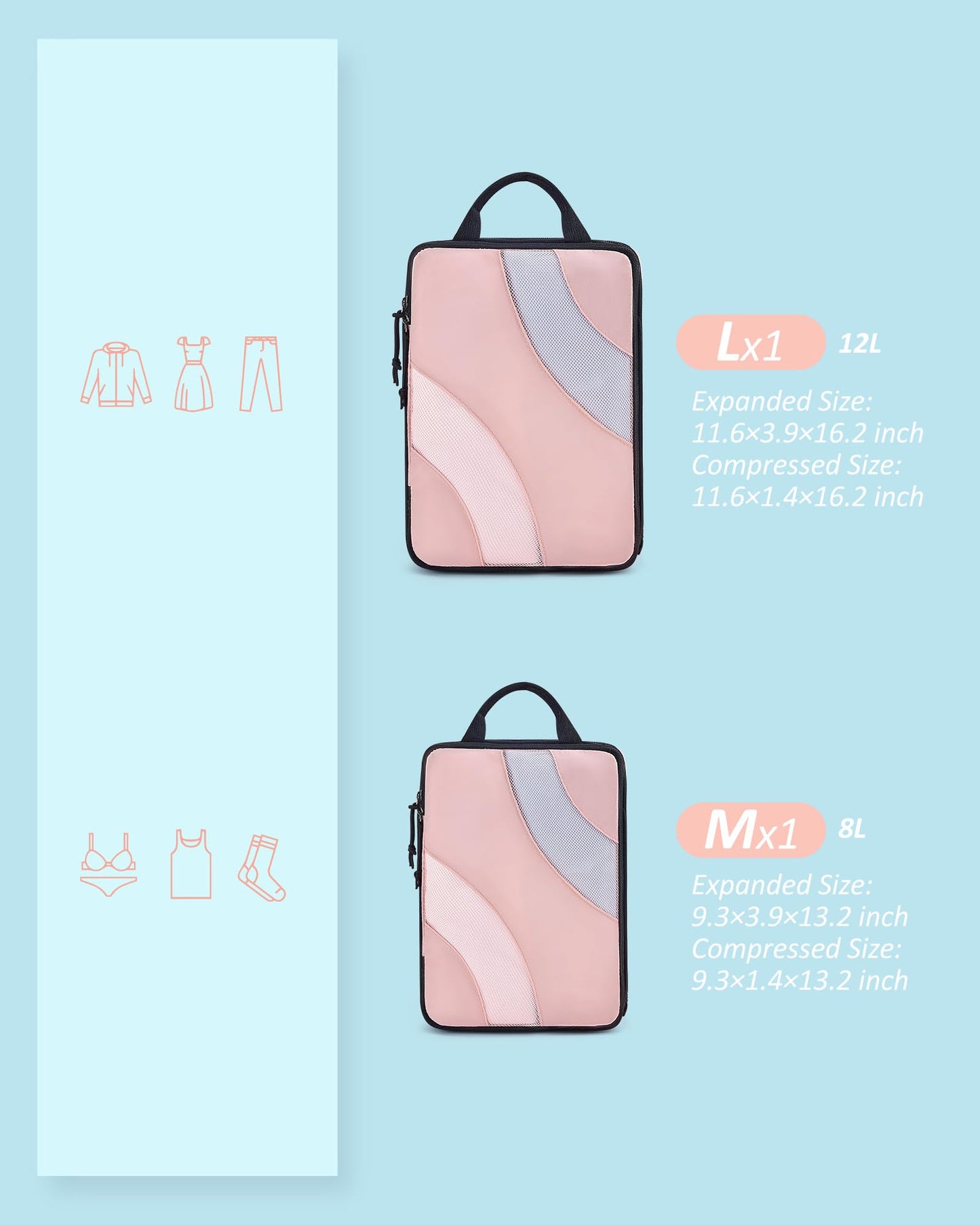 BAGSMART Compression Packing Cubes, 2 Set Travel Packing Cubes for Carry on Suitcases, Compression Suitcase Organizers Bag Set & Travel Cubes for Luggage, Lightweight Packing Organizers Baby Pink
