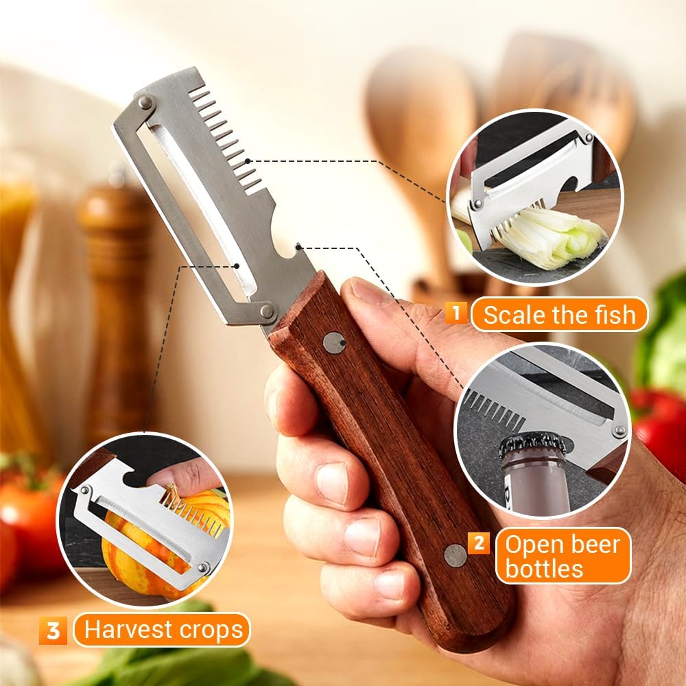 2026New Multi-functional Vegetable Peeler, Ktchen Multi-function Stainless Steel Thickened Fruit Peeler Knife with Wooden Handle, 3-1,Suitable for Peeling Fruits and Shredding Scallions (3PCS)
