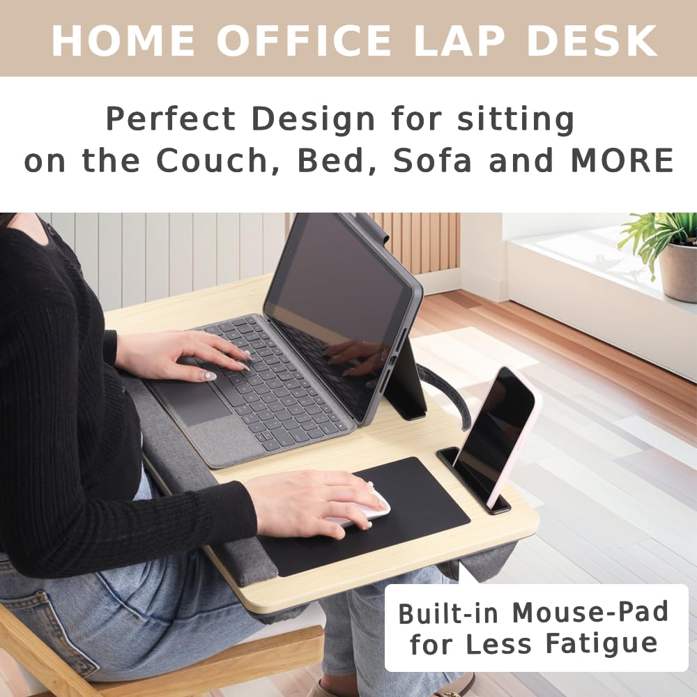 Japard Laptop Lap Desk with Mousepad, Cushion, Wide 21", Fits up to 15.6 inch, Portable Handle, Tablet Pen Phone Holder Wood Natural Home Office Gift