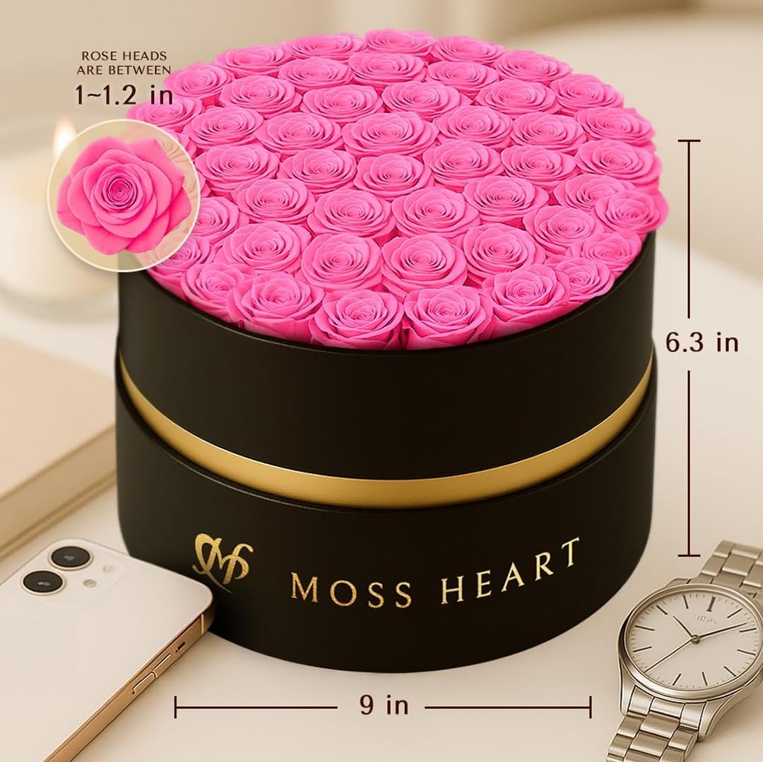 Moss Heart 50 Petite Preserved Roses, Designer Round Box, Real Forever Roses Last 1+ Year, Premium Gift for Women, Wife, Girlfriend, Mother’s Day, Birthday, Anniversary, Valentine’s Day