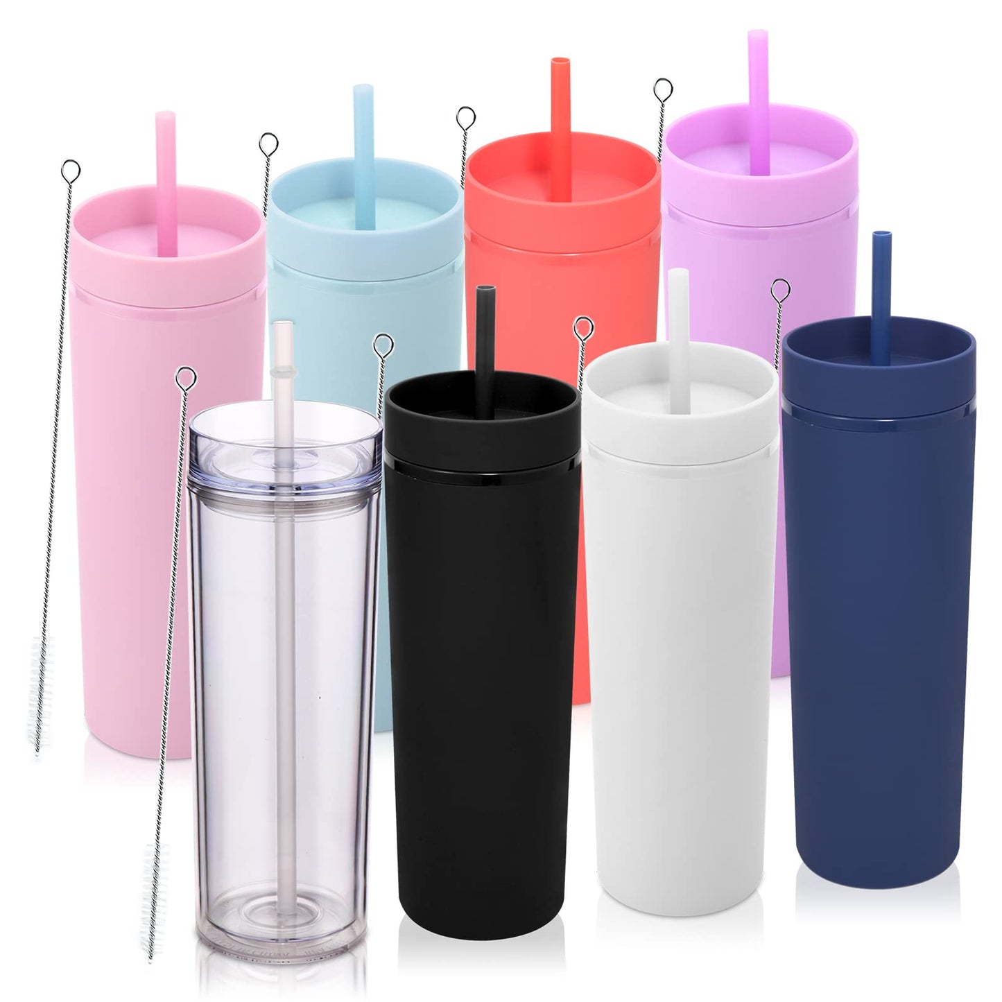 Volhoply 20oz Tumbler with Lid and Straw 8 Pack,Double Wall Plastic Skinny Tumblers Bulk,Reusable Travel Coffee Mug,BPA Free Matte Acrylic Water Cups with Straw for Party,DIY Gifts(Assorted, 8 Set)