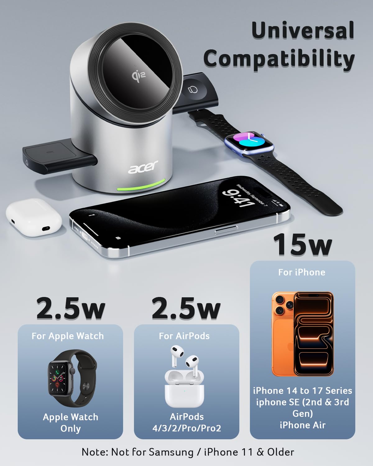 Acer Prime 3 in 1 Charging Station for Apple - Magnetic iPhone Wireless Charging Station, Magsafe Charger Stand for iPhone 17 16 15 14 13 12 - Apple Watch - Airpods Series (Charger & USB-C Included)