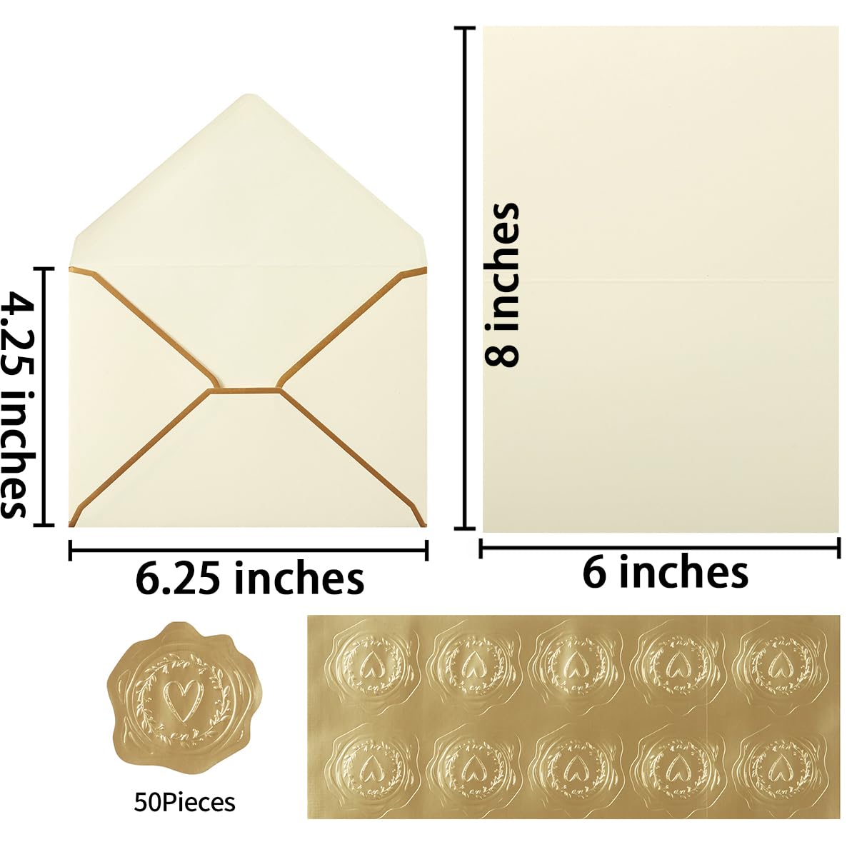 50 Pack A4 Envelopes with 4x6 Folded Cards and Gold Stickers, 4x6 Gold Envelopes for Office, Wedding, Invitations, Graduation, Baby Shower (Cream Color, 4x6)