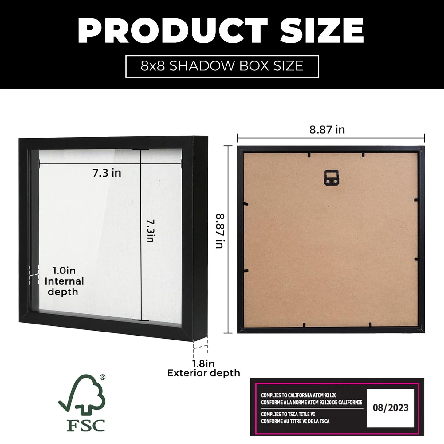 Muzilife 8x8 Shadow Box Picture Frame with Linen Board - Deep Wood & Glass Display Case Ready to Hang Memory Box Baby Sports Memorabilia, Pins, Awards, Medals, Wedding, Tickets and Photos (Black)