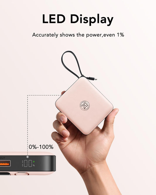 VRURC Portable Charger for iPhone Built-in Cables, 22.5W USB C Fast Charging 10000mAh Pocket Power Bank, Battery Pack for iPhone 17 16 & Samsung Galaxy S26 S25 etc Android, Pink(1 Pack)