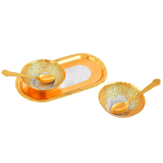 NOBILITY Bowl Spoon Tray Set Gold and Silver Plated Dry Fruits Dessert Serving Set Diwali Christmas Eid Wedding Return Gifts Friends Family Home Decorative Housewarming Corporate Gift items 6 Sets