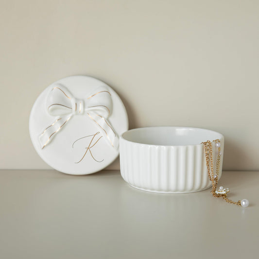 COLLECTIVE HOME Monogram Initial Jewelry Box with Bow - Elegant Ring Holder & Earring Dish | Christmas Gift Idea for Women, Unique Birthday Present for Her (K)