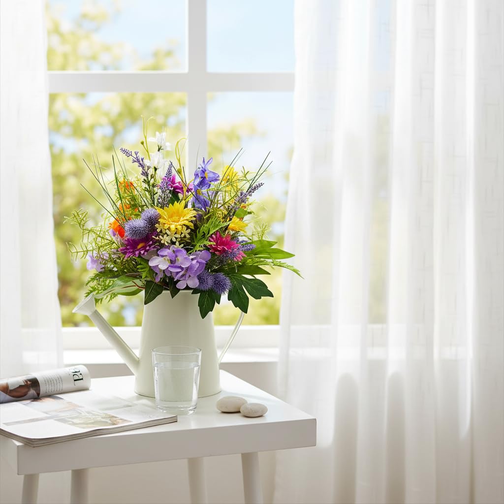 Lnymura 14 Inch Farmhouse Floral Centerpiece in Watering Can, Lighted Spring Summer Wildflower Arrangement with Timer Daisies for Table Decor Home and Kitchen