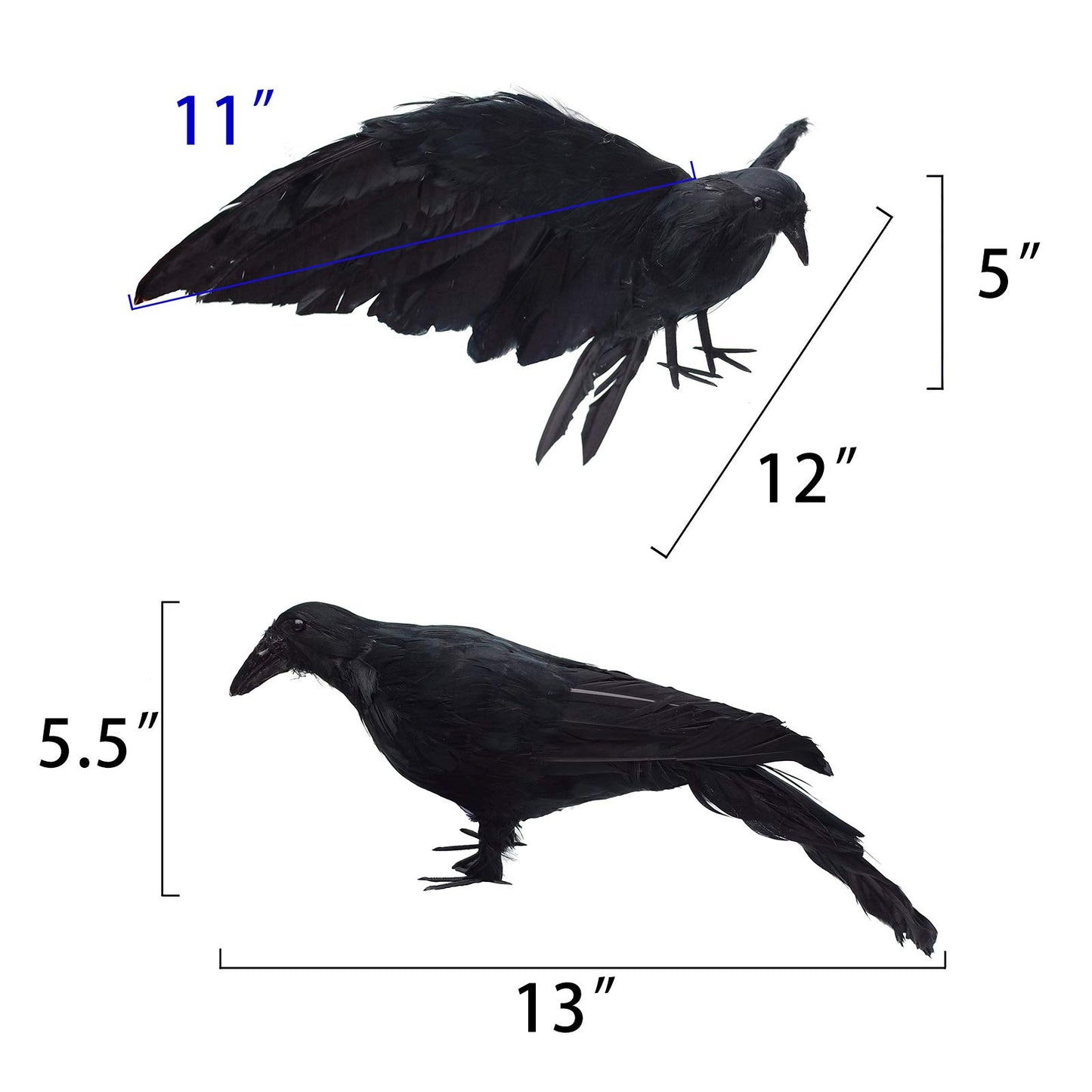 Etistta 2-Pack Realistic Crows Lifesize Extra Large Handmade Black Feathered Crow for Halloween Decorations Birds, L (13 inch+12 inch)