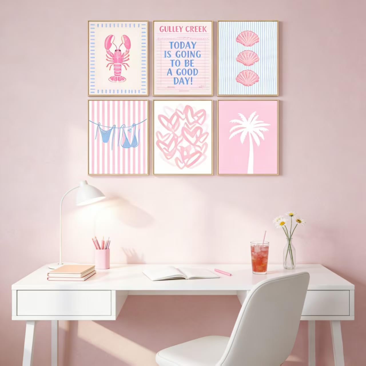 6pcs Preppy Beach Pink Blue Canvas Wall Art Coastal Fashion Bikini Shell Painting Picture Wall Decor Summer Seaside Theme Poster Print Artwork for Teen Girl Bedroom Dorm Gift granddaughter
