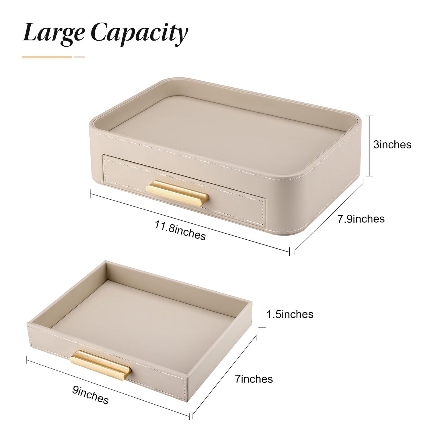 GORESE Valet Jewelry Tray Nightstand Organizer with Drawer, PU Leather Perfume Tray Trinket Trays for Vanity Bathroom Entryway, Catchall Trays for Key Purse Watch Cologne, Gift for Women Men, Beige