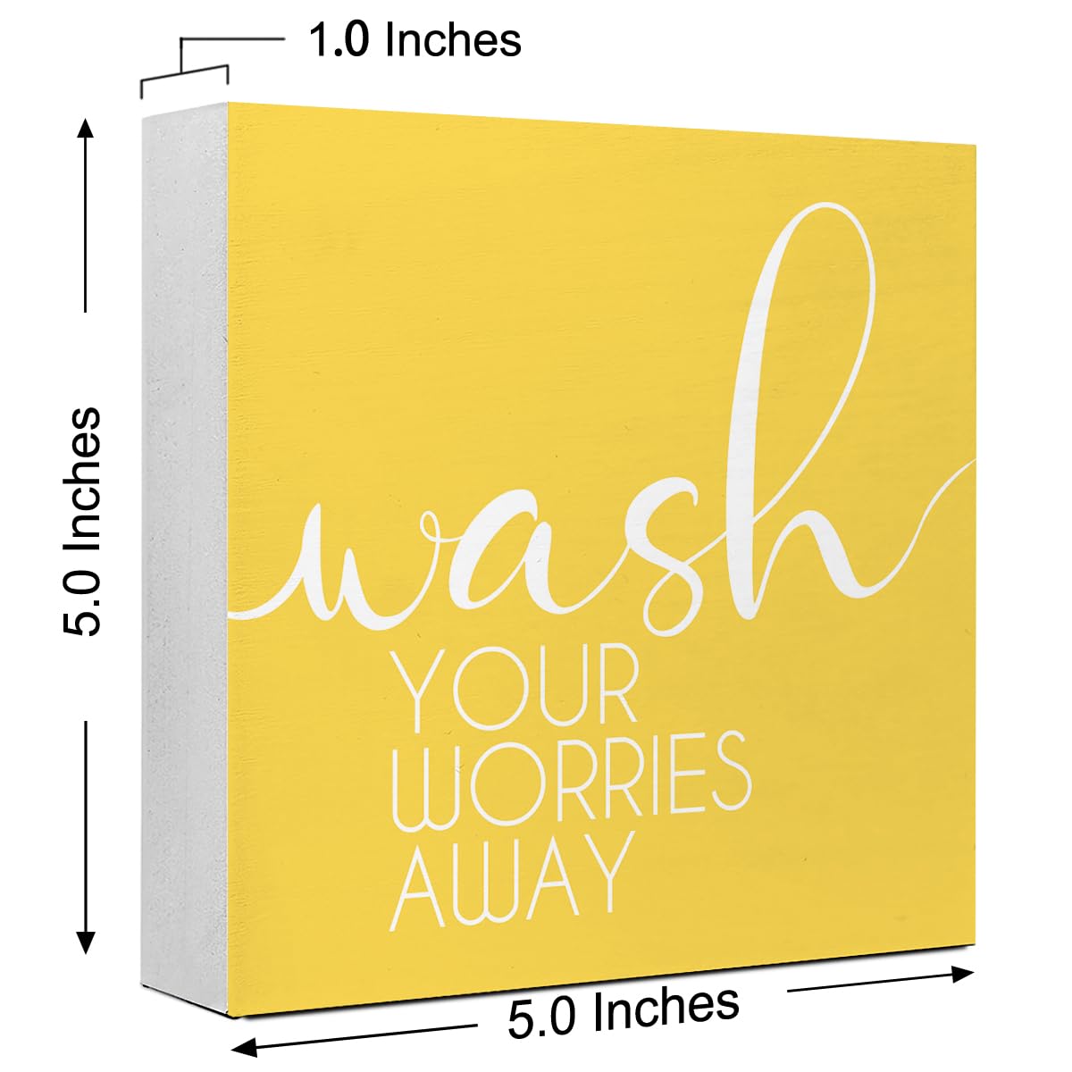 LVQHI Bathroom Decor And Accessories, Wash Your Worries Away Wooden Box Sign, Bathroom Sign Small Decorations For Shelves, Yellow Washroom Toilet Restroom Shelves Decor 5"L x 5"W x 1.1"H