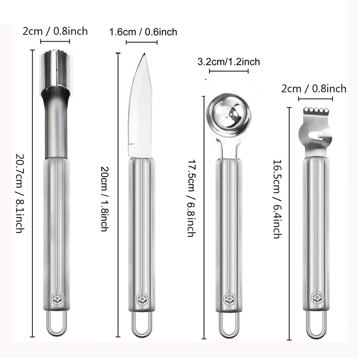 NewlineNY Stainless Steel Kitchen Tools: Zester Grater with Channel Knife, Apple Cupcake Corer, Fruit and Melon Scooper, Fruit & Veggie cutting knife, 4 Pcs Set