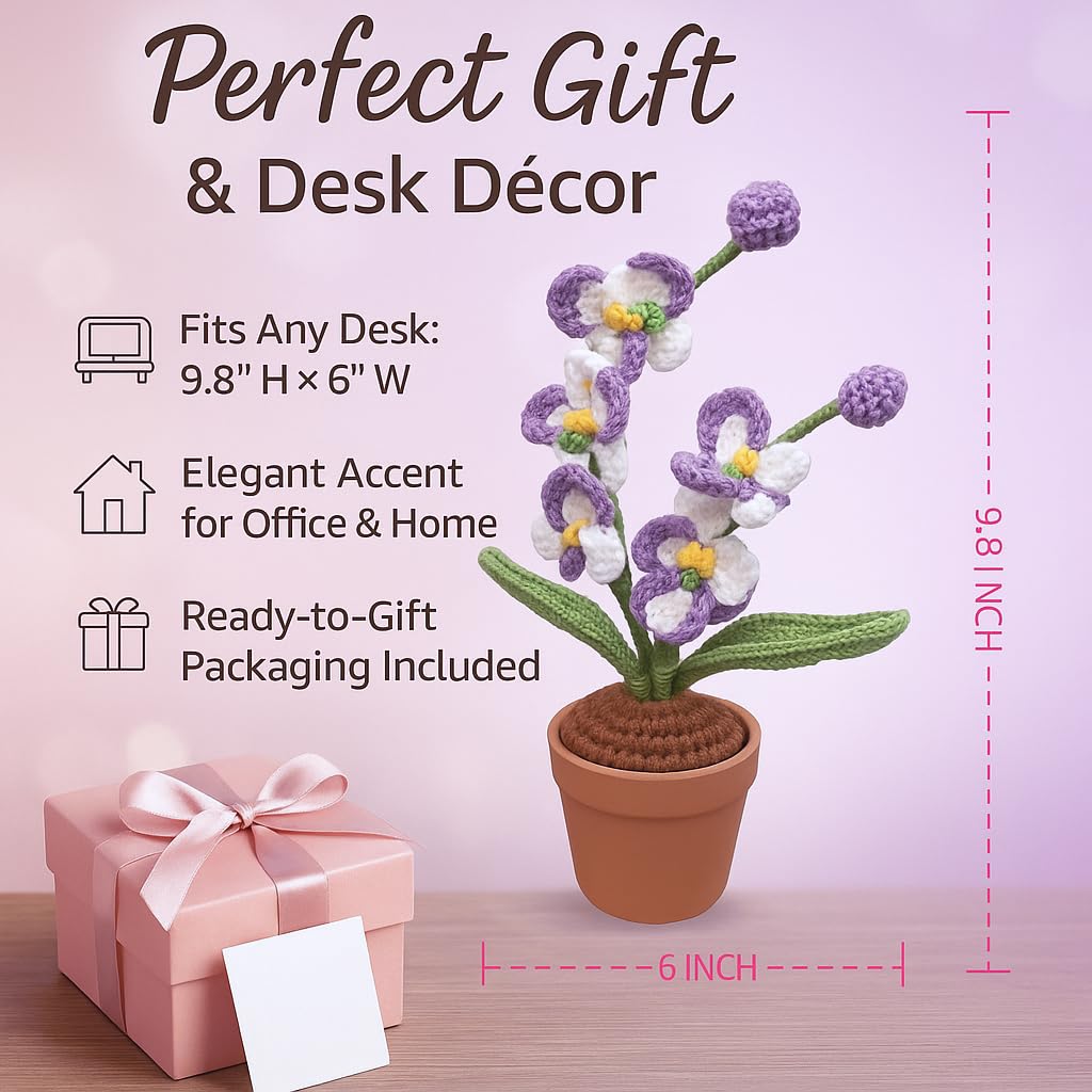 beausougon Handmade Crochet Orchid Potted Plants, Knitted Artificial Forever Flowers with Exquisite Pot, for Friends, Women, and Kids, Ideal for Home Decorations and Office Desks