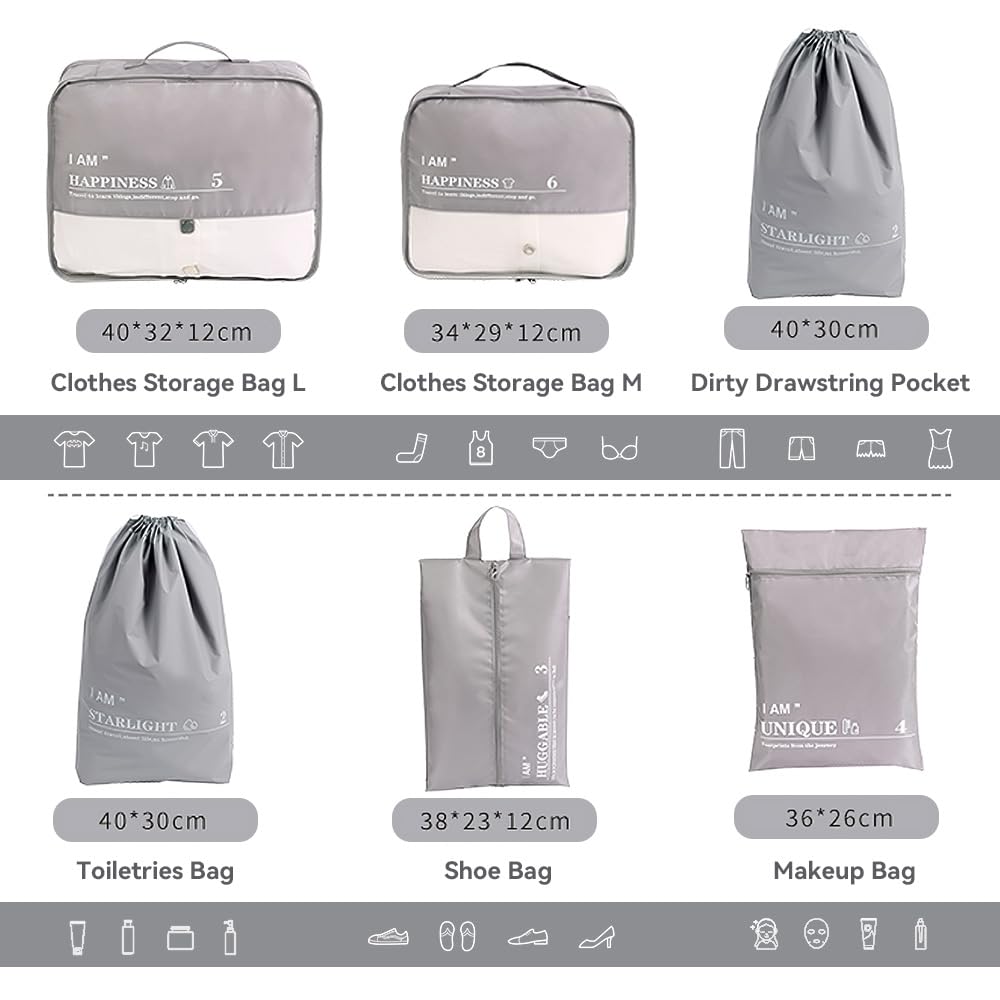 Omnpak 6 Set Packing Cubes Luggage Organizer Bags for Travel Accessories, Suitcase Organizer Bags Set Durable Lightweight with Shoe Bag Waterproof Drawstring Bag