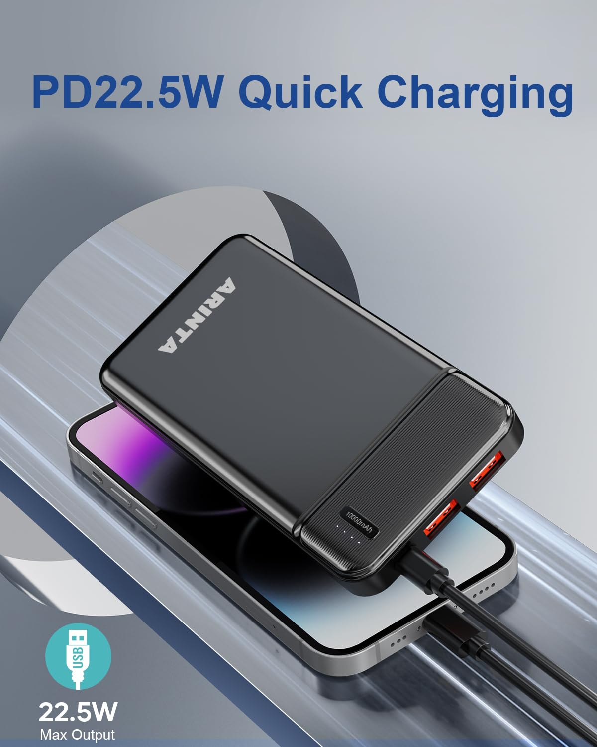 ARINTA Power Bank Battery Pack for Heated Jacket & Vest, Portable Charger 10000mAh PD 22.5W, Ultra Slim with USB-C Input/Output, Compatible for Smartphones & Tablets, Gifts for Men Women. (Black)