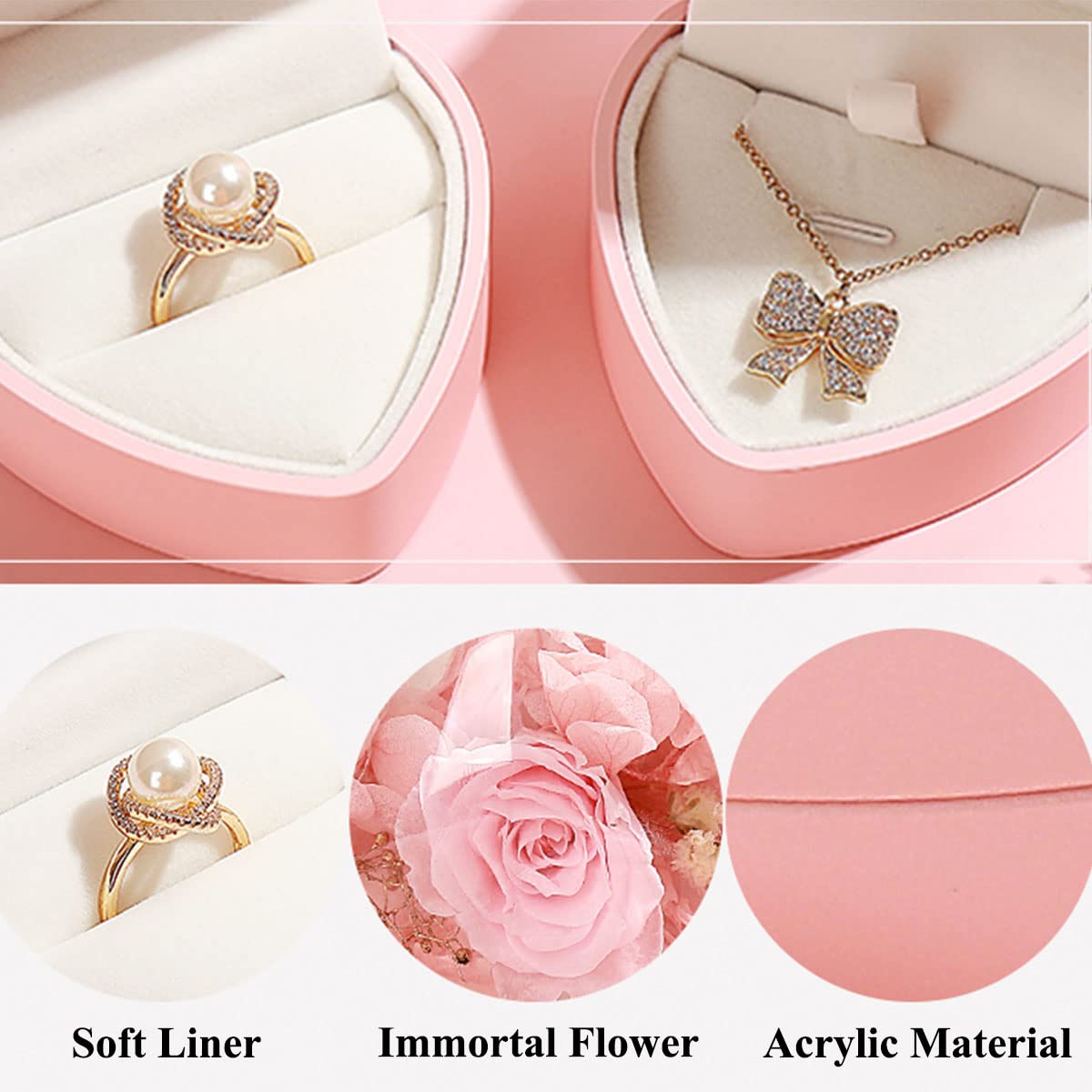 Hsiwto Preserved Flower Rose Ring Box, Heart Shape Velvet Jewelry Box for Valentine's Day Mother's Day Wedding Anniversary Birthday Gift, Pink