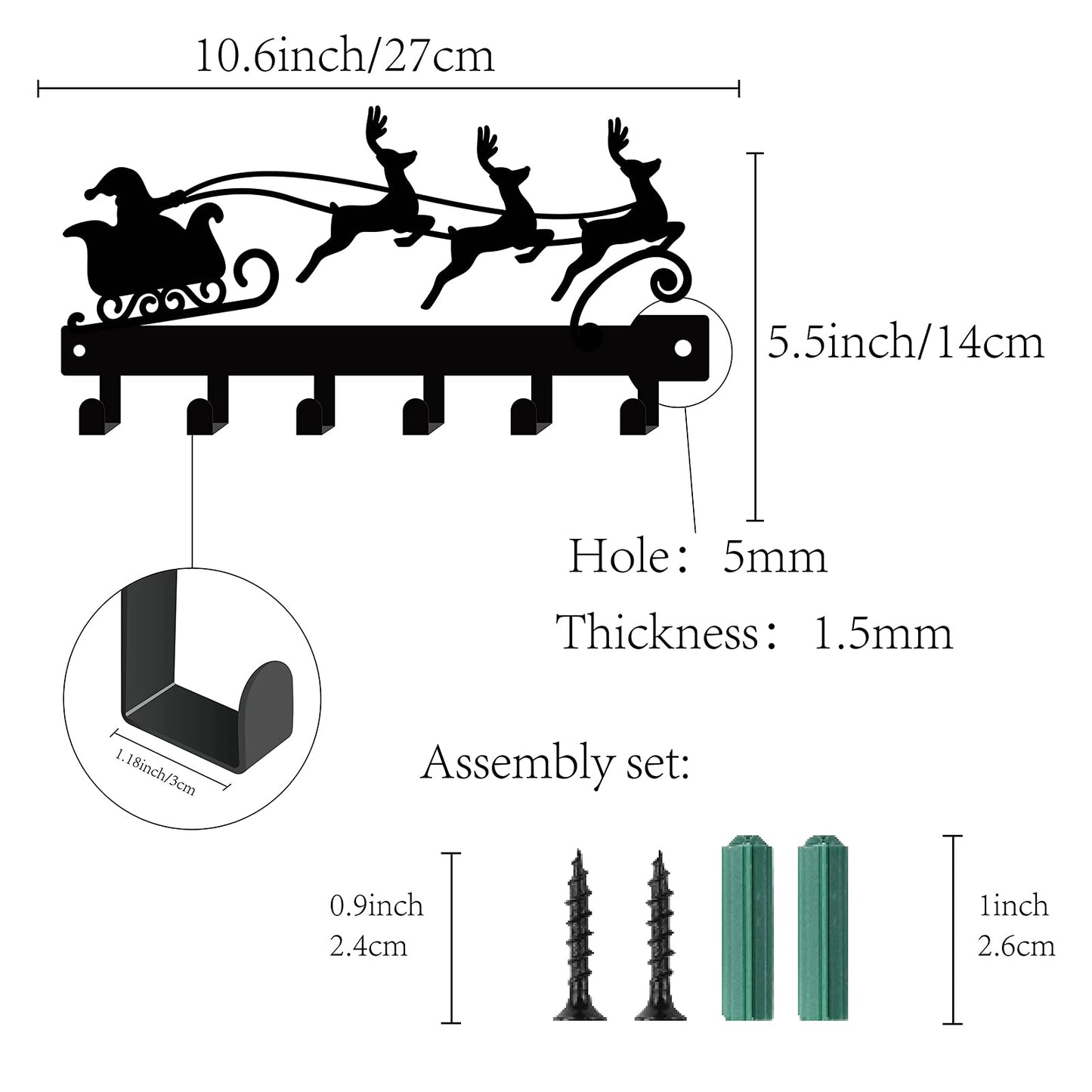 CREATCABIN Christmas Metal Key Holder Santa Claus Elk Sled Black Key Hooks Wall Mount Hanger Iron Hanging Organizer Rock 6 Hooks for Home Housewarming Gift Entryway Cabinet Hat Towel 10.6 x 5.5inch