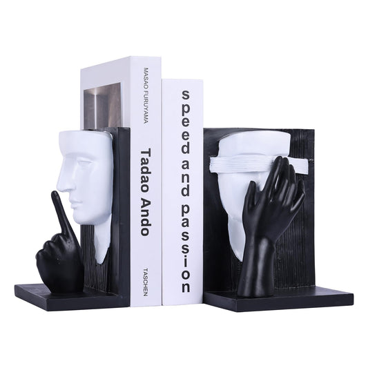 Decorative Bookends Set – Vintage Gold Face Sculptures & Modern Black & White – Resin Book Ends for Shelves, Heavy Book Stoppers, Brass-Look Bookends, Decorative for Home Office (B&W)