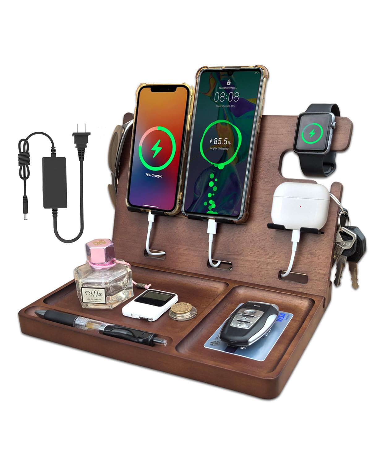 Xunhomon Wood Phone Docking Station Nightstand Organizer Charging Station with QC 3.0 & PD22.5W Fast Charger for iPhone Samsung Android Watch Airpod Anniversary Birthday Gifts for Men