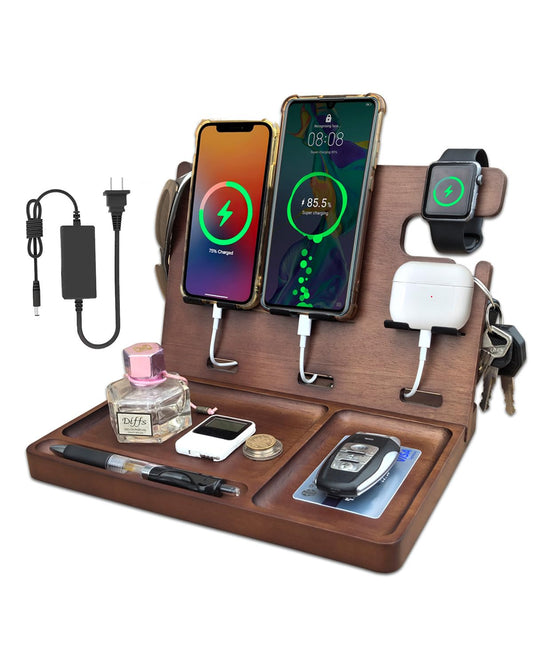 Xunhomon Wood Phone Docking Station Nightstand Organizer Charging Station with QC 3.0 & PD22.5W Fast Charger for iPhone Samsung Android Watch Airpod Anniversary Birthday Gifts for Men