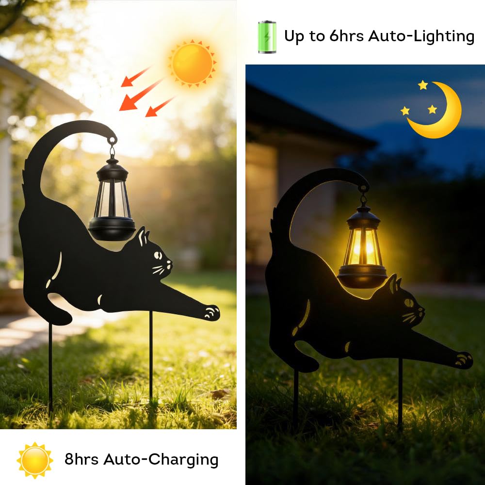Lily's Home Black Metal Cat Garden Decor with Solar Light Lantern - Outdoor Solar Lights for Pathway & Patio - Durable Waterproof Metal - Yard & Patio Decor - Unique Gift for Cat Lovers - 18'' Tall