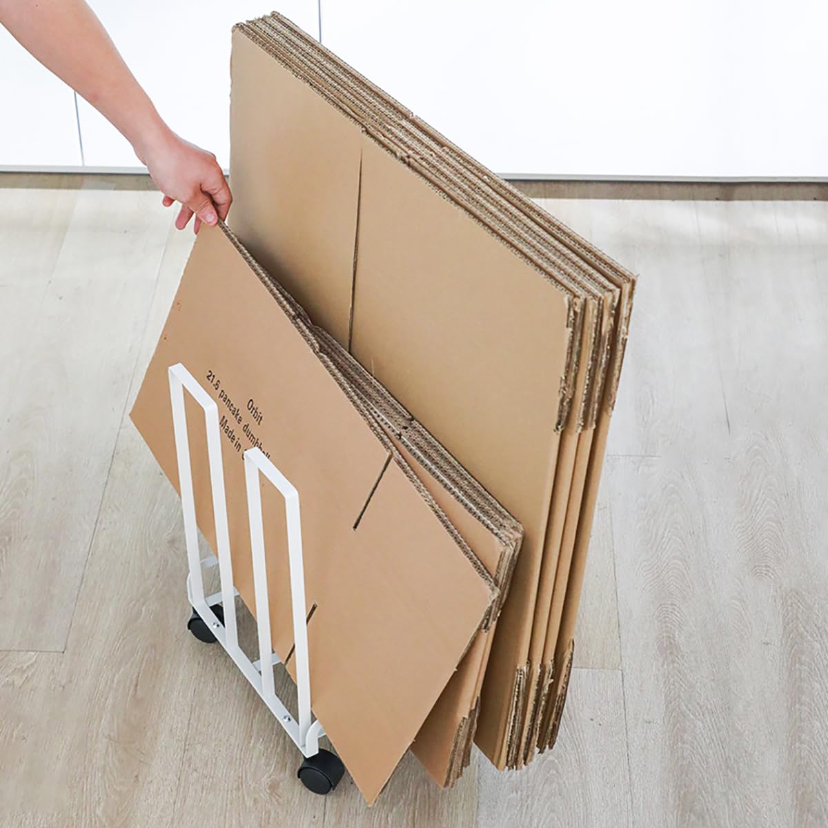 HUDABAIDI Carton Storage Rack, Portable Cardboard Recycling Organizer Stand with Caster Wheels to Store, Transport Cardboard for Home Warehouse Shipping Station, 12.2x10.2x17.1in (White)