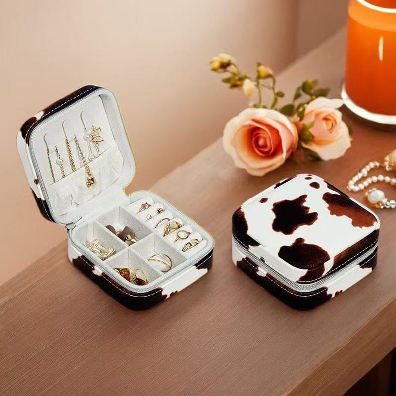 Jinglong Cattleprint Travel Jewelry Box, Compact and Adorable Doggy Jewelry Organizer, Suitable for Rings, Necklaces, and Earrings, Portable Jewelry Storage Box (Brown and white cow pattern)