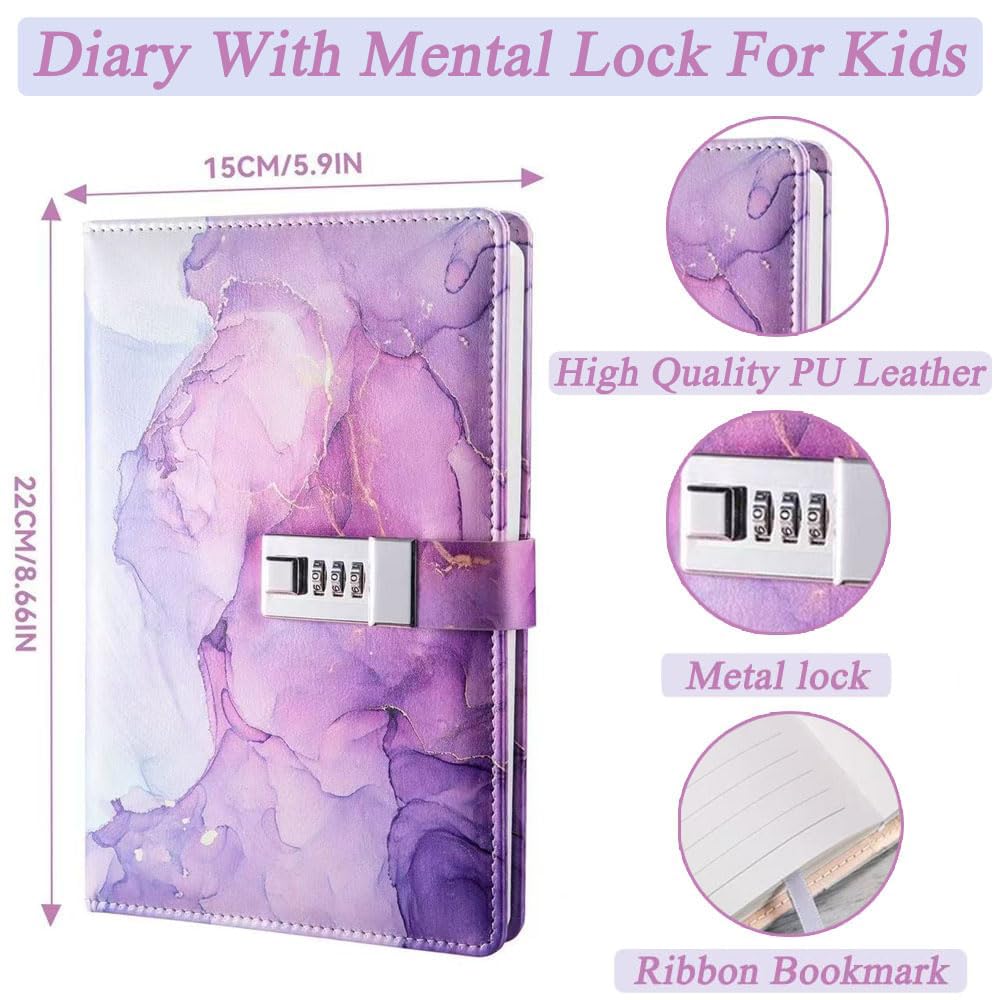 Diary with Lock for Girls, Password Notebook with Pen and Bookmark, Locked Journals for Teenage, Secret Diary Birthday Gifts for Girl Planner Notebook Kit (Purple)