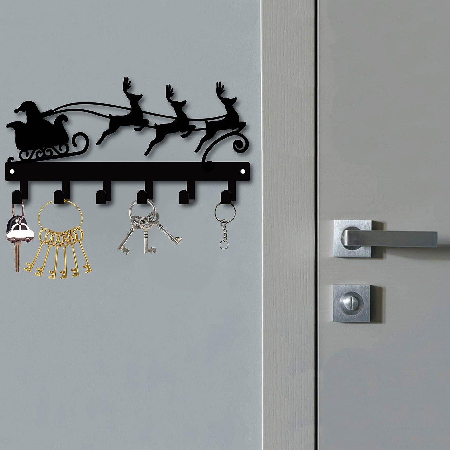 CREATCABIN Christmas Metal Key Holder Santa Claus Elk Sled Black Key Hooks Wall Mount Hanger Iron Hanging Organizer Rock 6 Hooks for Home Housewarming Gift Entryway Cabinet Hat Towel 10.6 x 5.5inch