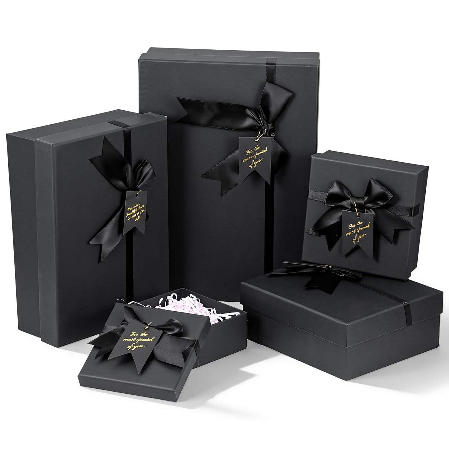 Afgaogw 5 Pack Black Nesting Gift Boxes with Lid, 5 Sizes Luxury Wrapping Boxes with Ribbon Bows & Label for Valentine's Day, Birthday, Weddings, Mother's Day & Thanksgiving Presents, 13.7'' to 5.1''