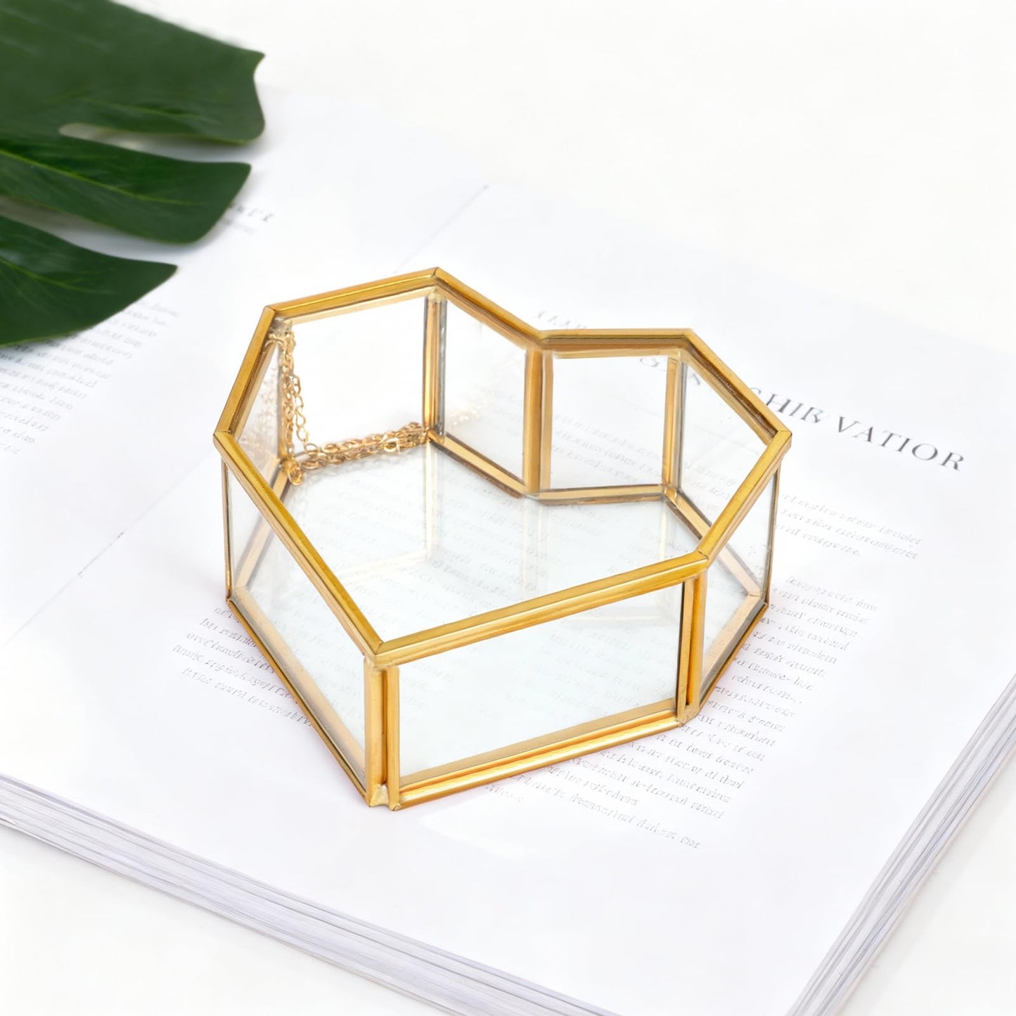 Himitimi Vintage Glass Jewelry Box Heart-Shaped Gold Keepsake Box with Hinged Lid Trinket Ring Earring Jewelry Organizer Valentines Day Gifts for Women and Girls