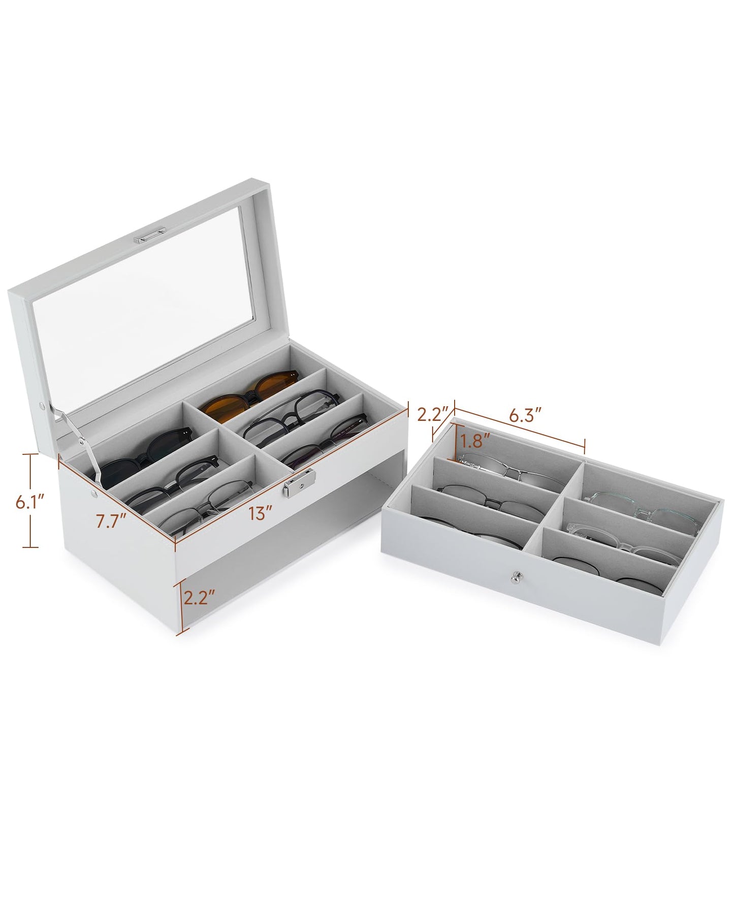 CO-Z Sunglasses Organizer with 12 Slots, Leather Eyeglasses Storage Box for Women Men, 2 Story Lockable Display Case for Multiple Glasses, Sunglasses Jewelry Collection Holder with Drawer, White