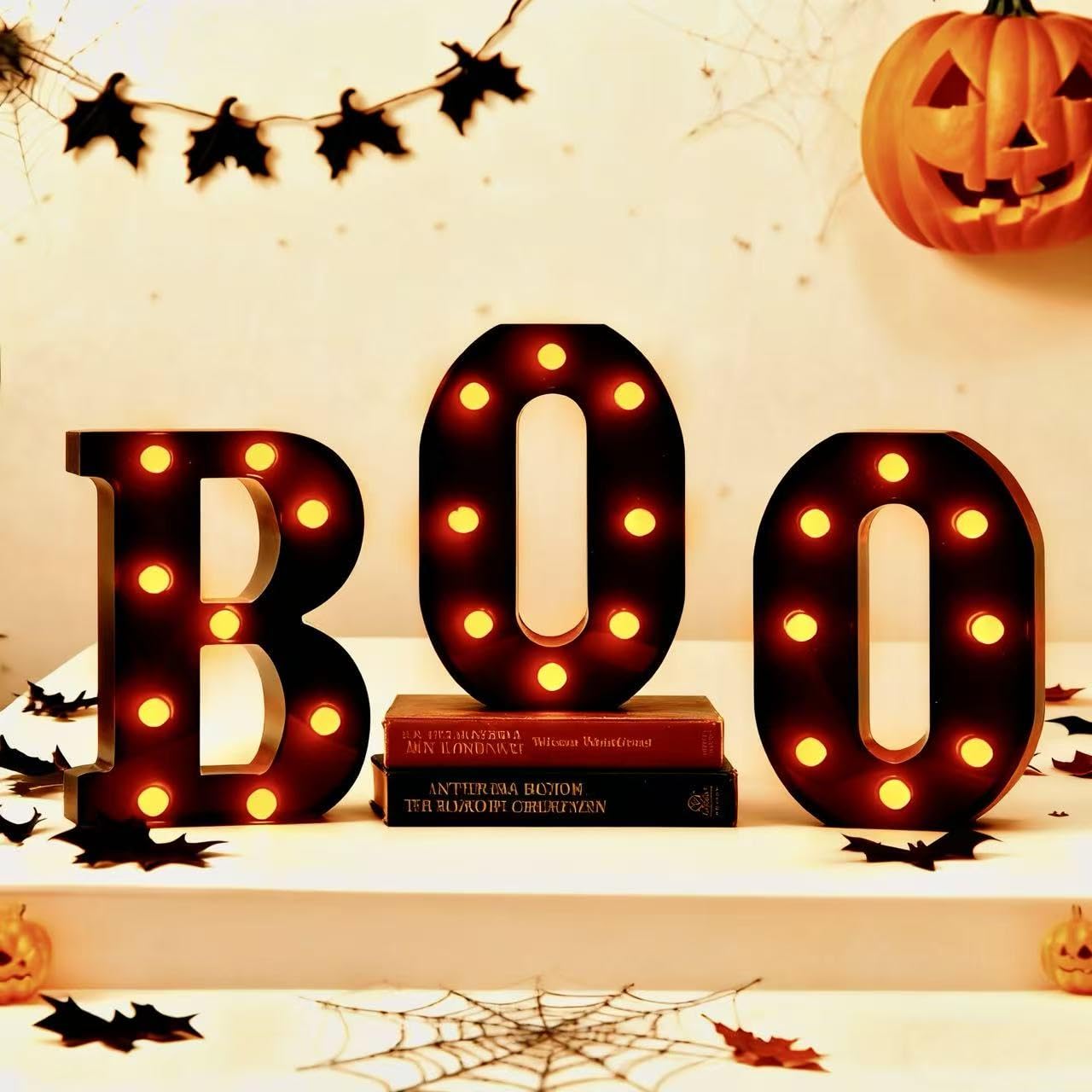Halloween LED Marquee Letters “BOO” Set - 3 Pcs Black Alphabet Lights with Orange Glow, Perfect for Halloween, Christmas,Birthday Party, Bar Decor, Battery - Operated Ambience Lamps