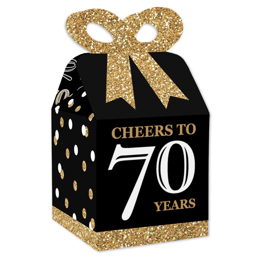 Big Dot of Happiness 70th Birthday Party Favor Gift Boxes - Elegant Gold Square Design with 3D Bow Top - Premium Cardstock Party Supplies for Milestone Celebration, Bow Boxes, Set of 12 Decorative Boxes - 70 Years