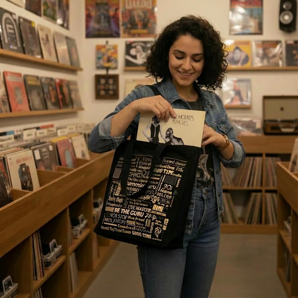 HumminGuru Heavy-Duty Vinyl Record Tote Bag | 16oz Premium Cotton Canvas LP Carrier | Holds 30+ Albums, 17” Laptop & Accessories | Ergonomic Shoulder Strap for Digging & Travel