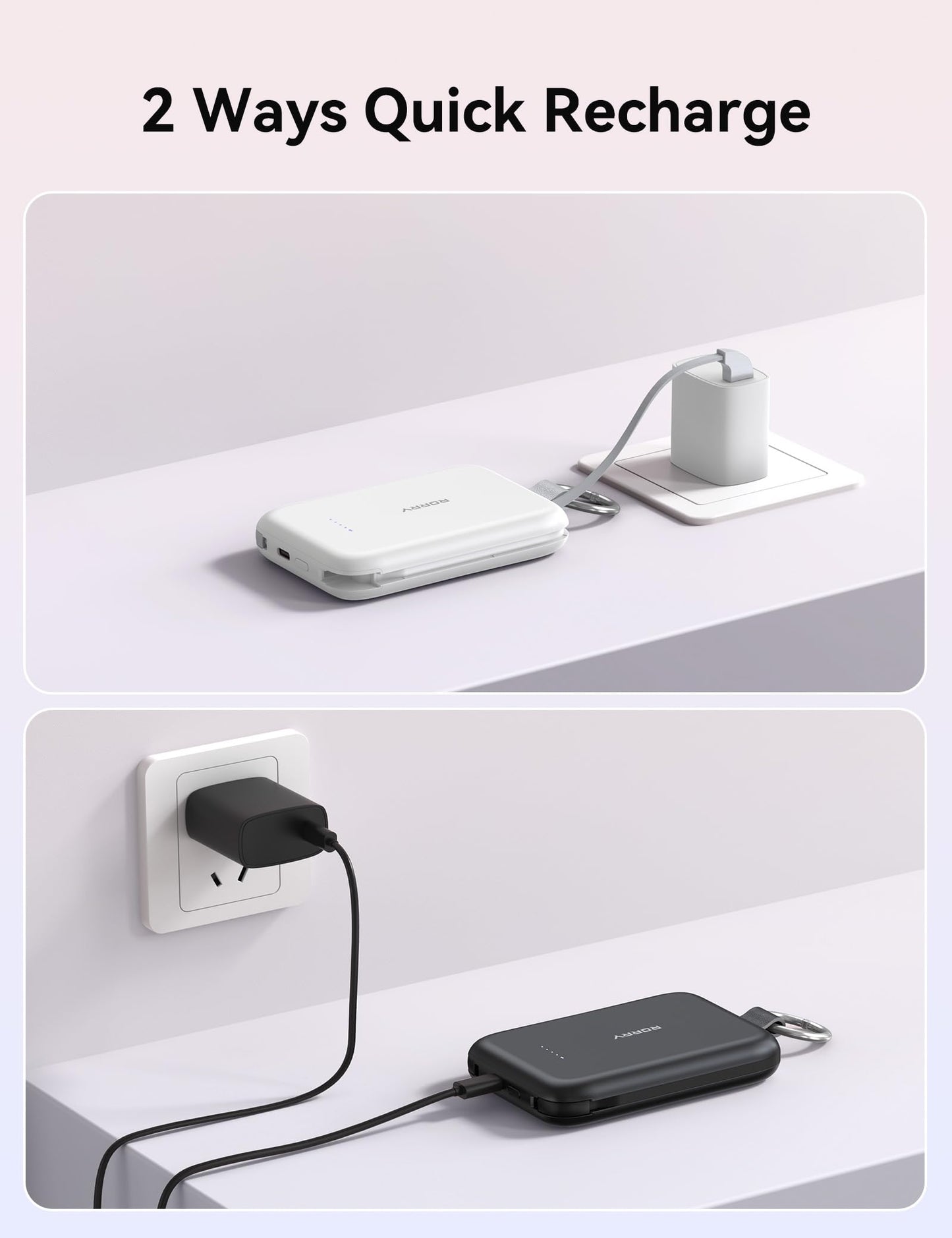 RORRY Portable Charger, 10000mAh PD 30W Fast Charging Portable Charger Power Bank with Built-in Cables, Travel Keychain Charger Battery Pack for iPhone 17/16/15/14/13/12, for AirPods 2/3/4/Pro, White