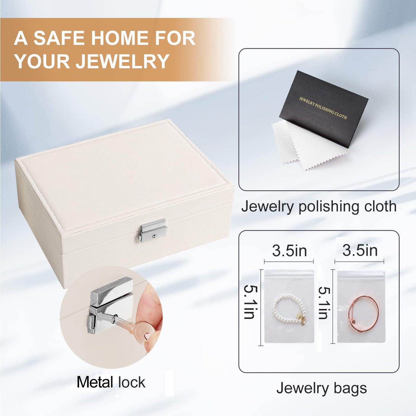 Jewelry Box Organizer for Women Girls 2 Layer Leather Travel Jewelry Storage Case with Lock and Removable Tray for Necklace Earrings Rings Bracelets Gift, Come with Polishing Cloth and Jewelry Bags