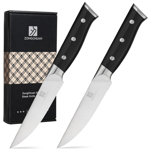 zongchuan Steak Knife,4.5inch Steak Knives Set of 2,High-Carbon Stainless Steel Knife Set,Serrated Blade Sharp Knives,Dishwasher Safe,Ergonomic Black Handel,Full Tang Design With Excellent Gift