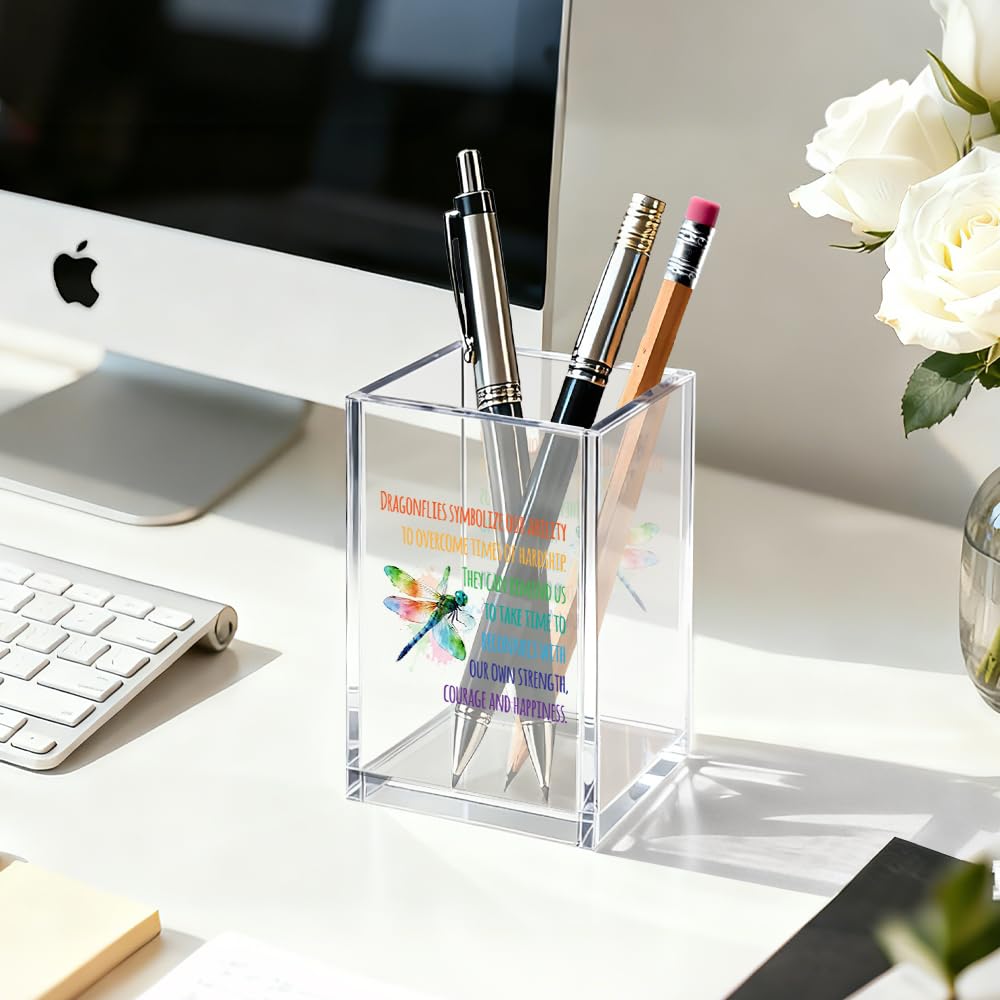 Gkodw Dragonflies Symbolize Our Ability Acrylic Pen Holder Cosmetic Organizer, Funny Dragonfly Pen Pencil Holders for Desk, Desk Accessories Office Gifts for Dragonfly Lover Teacher Coworker Daughter