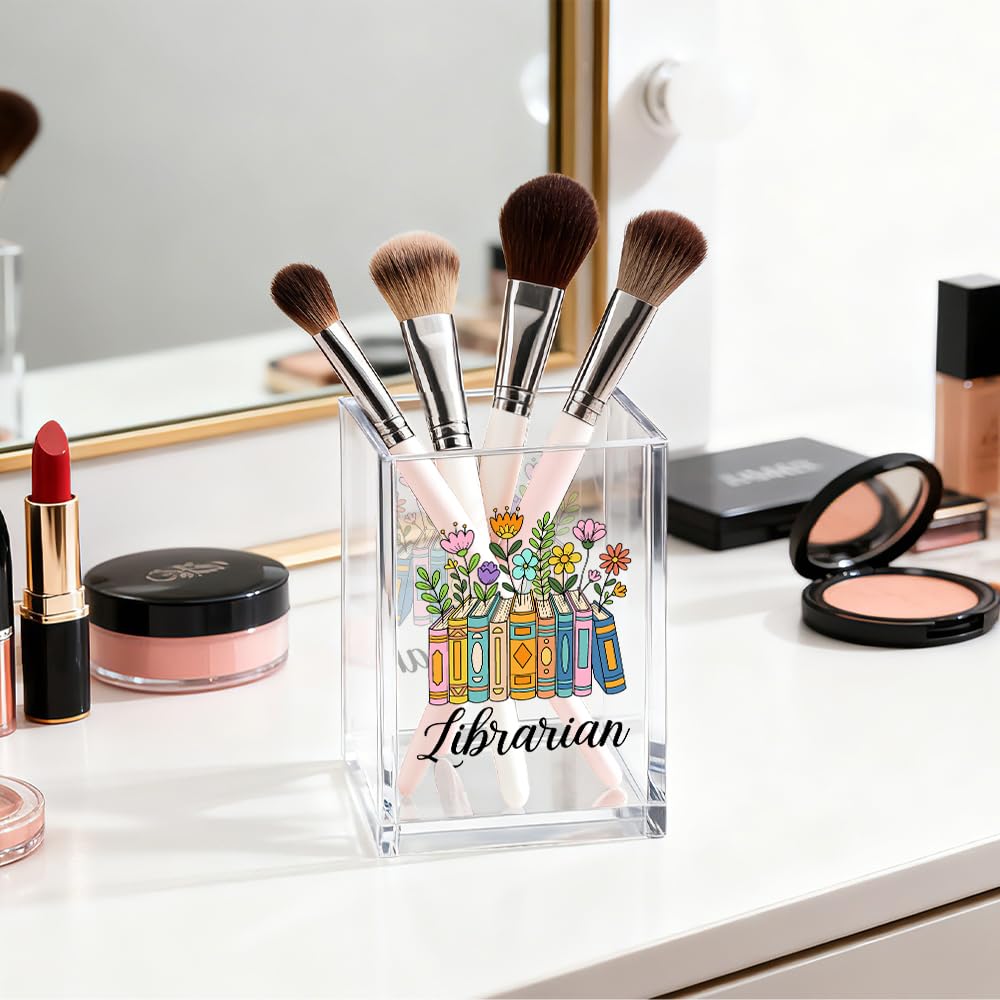 Gkodw Librarian Acrylic Pen Holder Cosmetic Organizer, Funny Pencil Pen Holder for Desk, Reading Nook Accessories for Library Lover Teacher, Librarian Day Appreciation Birthday Back To School Gifts