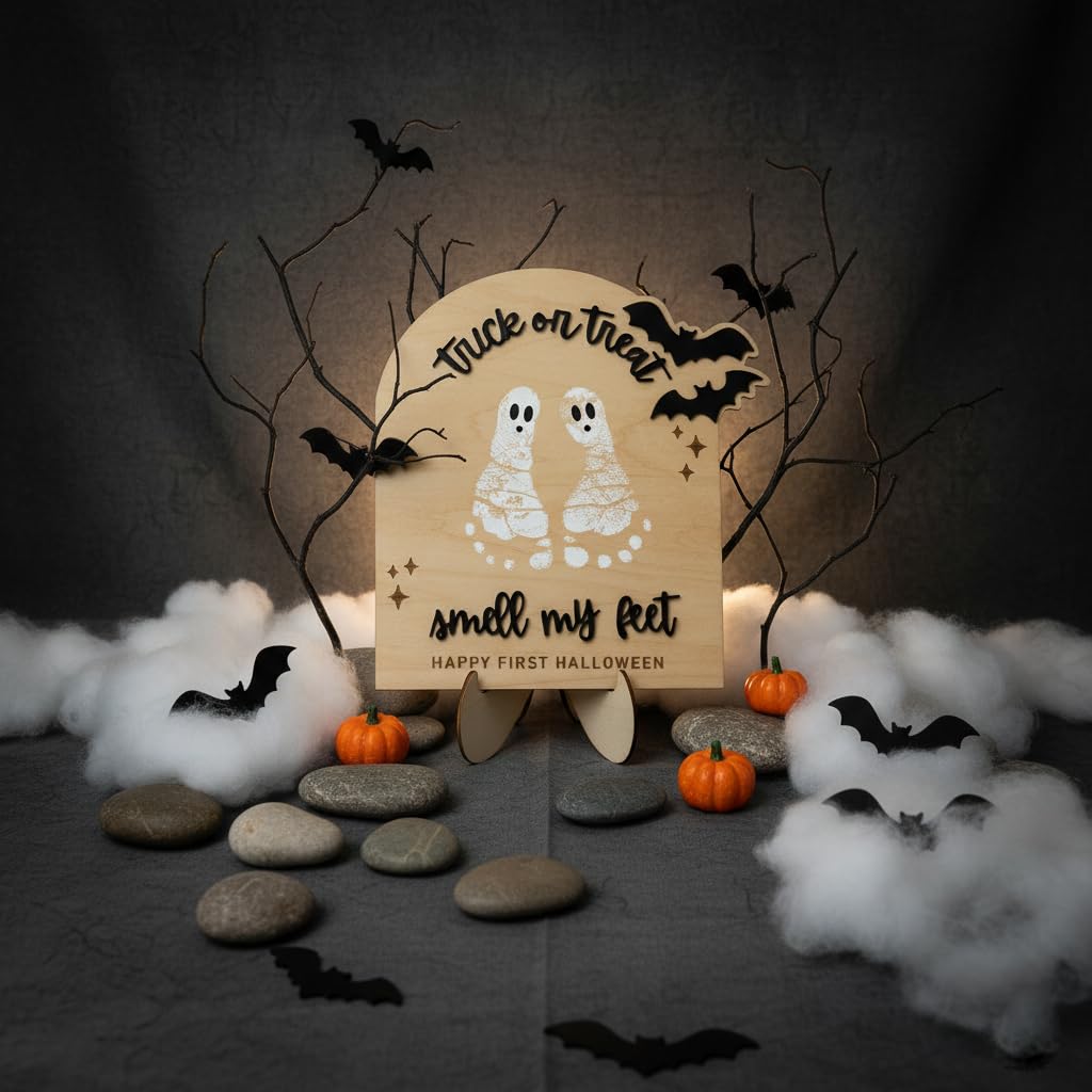 Baby’s First Halloween DIY Footprint Kit – Trick or Treat Wooden Milestone Card Keepsake Sign – Baby halloween Nursery Tabletop Décor, Newborn, halloween Kids stuff
