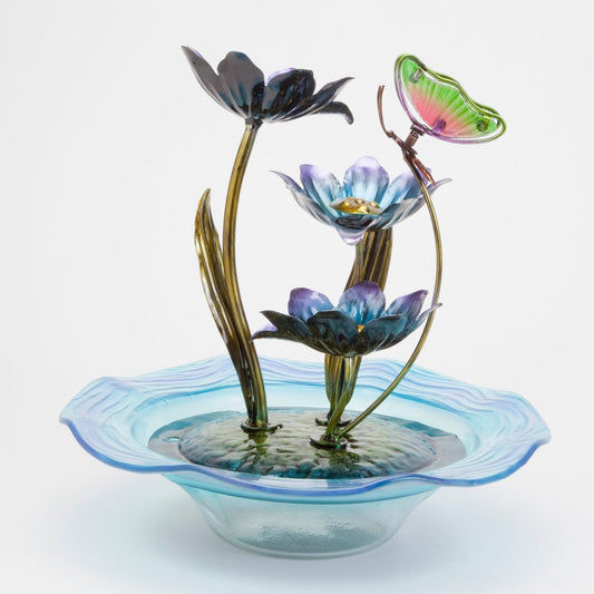 Bits and Pieces - Iridescent Glass Butterfly Fountain Sculpture – Indoor Home Décor - Zen Water Fountain - Desk or Tabletop Accessories - 12" Tall Multicolor