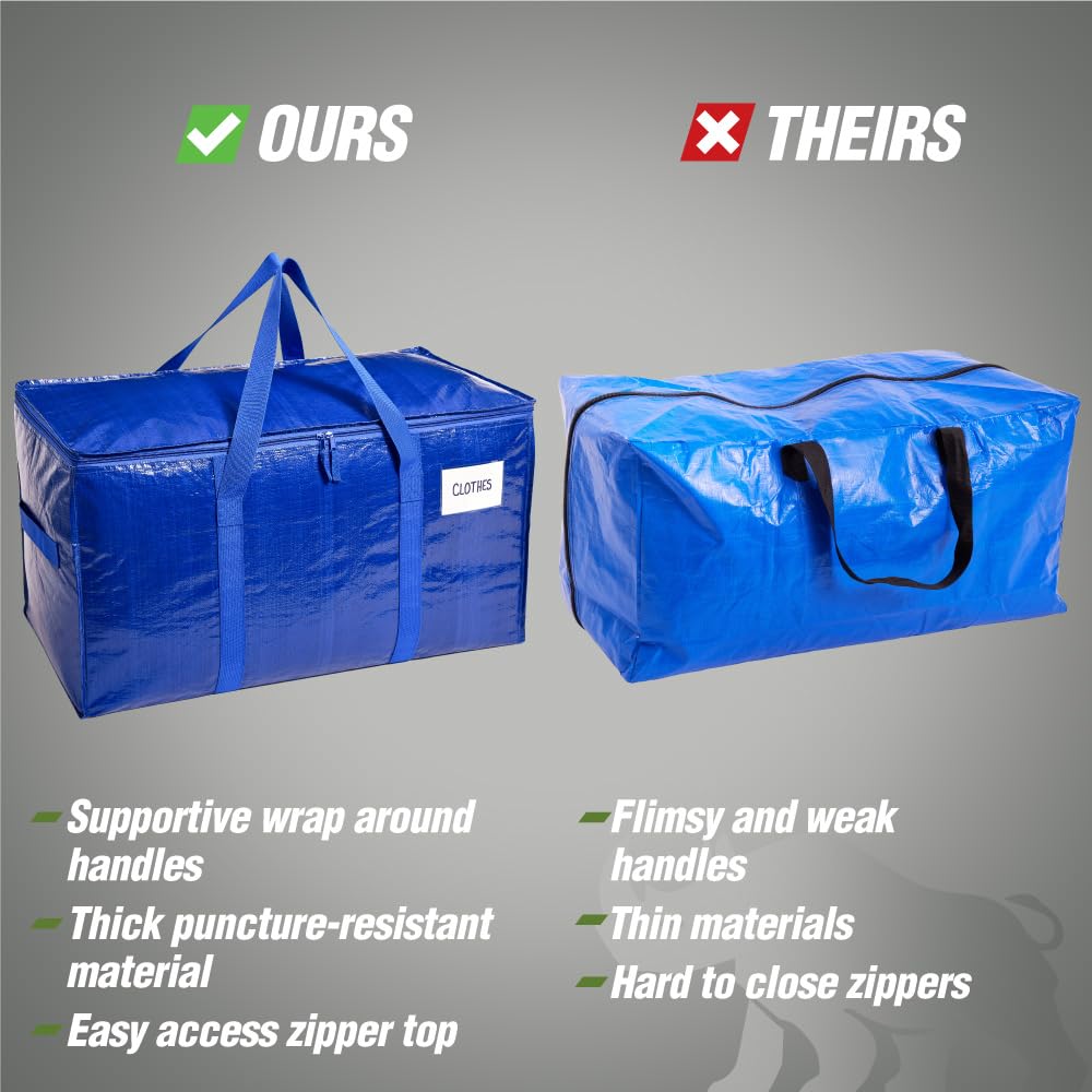 RUGGED RHINO Heavy Duty Extra Large Blue Moving Bags, Durable Bag with Strong Handles and Zipper, Moving Boxes Alternative for College Packing, Holiday Décor, Space Saving Storage with Label, 2 Pack