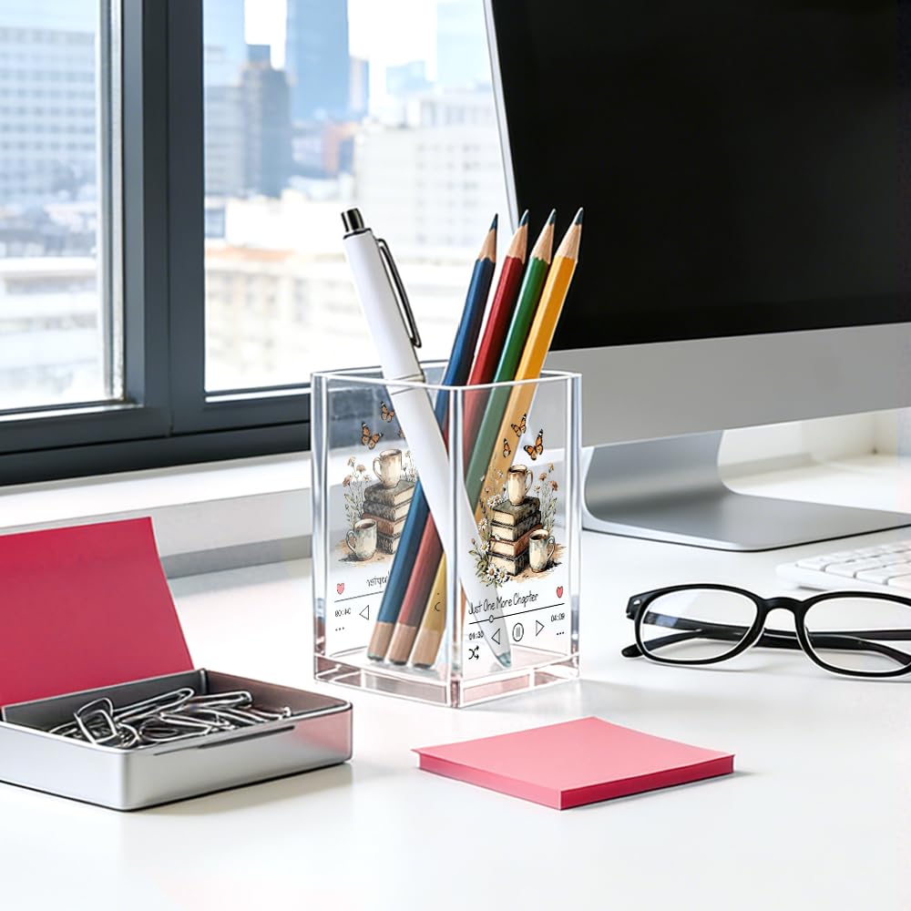 MGLZXLU Just One More Chapter Acrylic Pencil Pen Holder Cup, Reading Book Club Makeup Brush Storage Organizer, Cute Bookish Desk Accessories Holder Gifts for Daughter Librarian Teacher Holders (C)