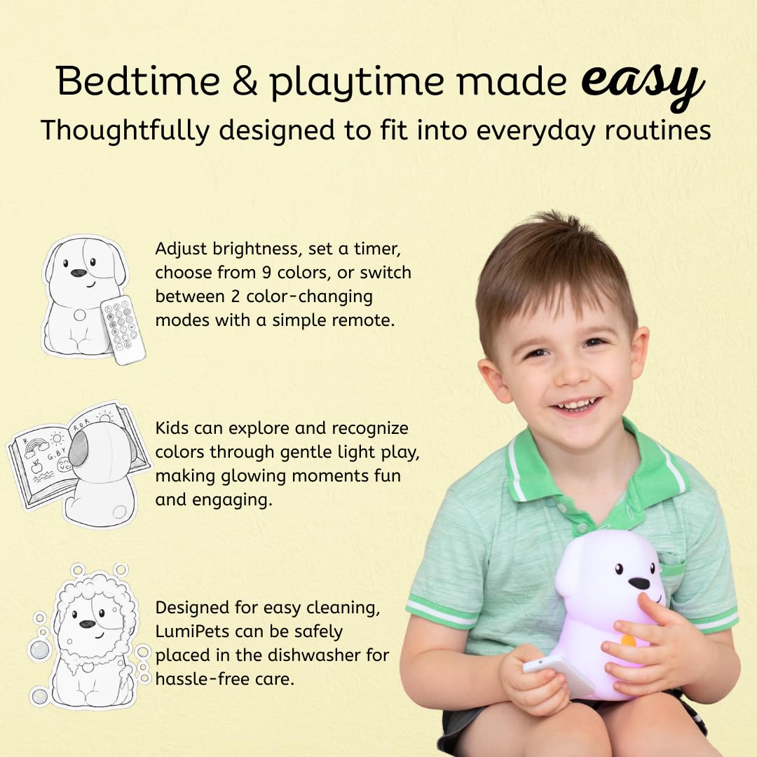 Lumipets Pepper The Puppy Dog Squishy Silicone Night Light for Kids | Cute Night Light with Remote & Touch Control for Baby & Toddler Bedrooms | Color Changing Animal Lamp | Soft Portable Nightlight