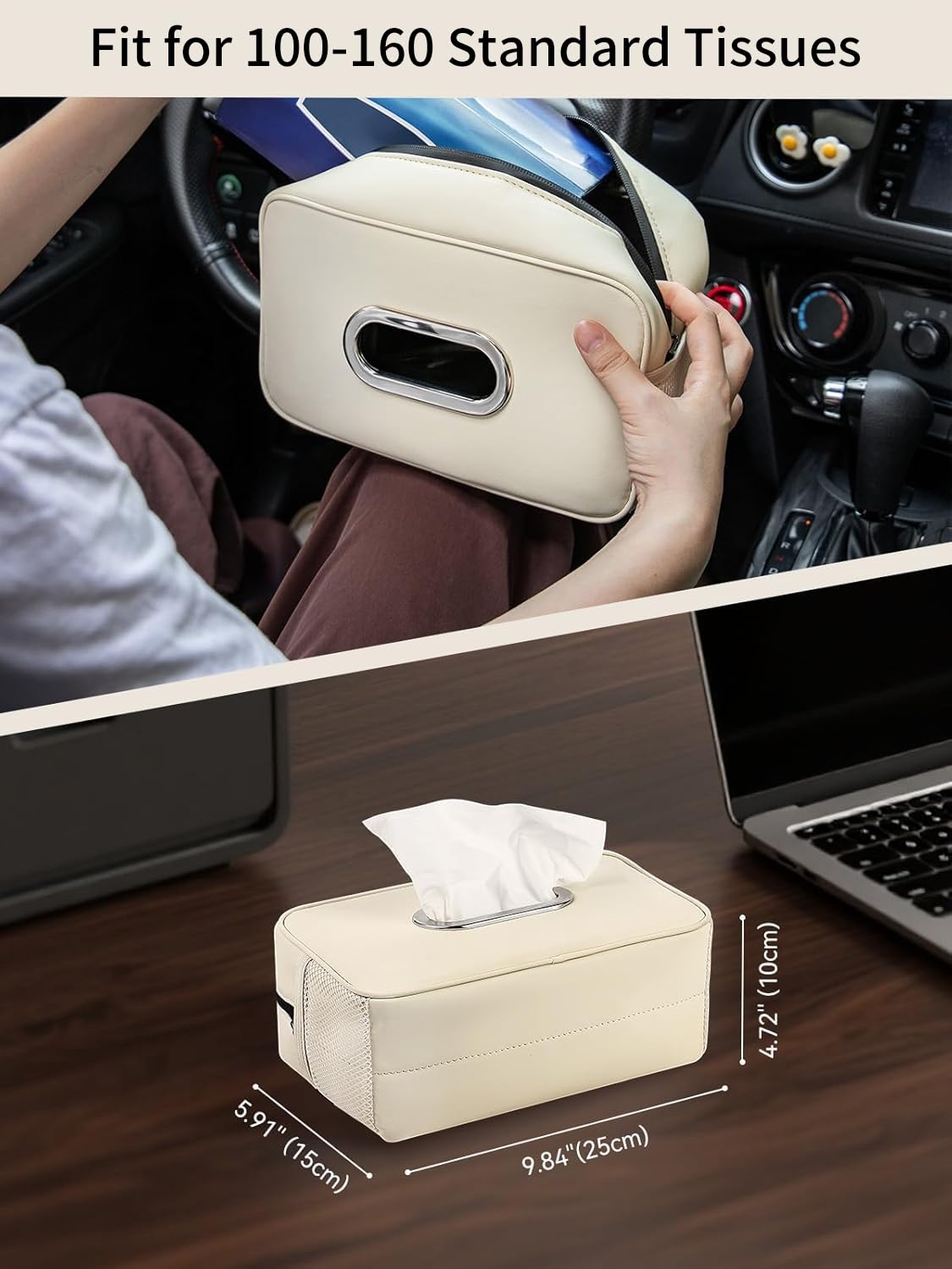 2 Pack Multi-Functional Car Tissue Holder with ‌2 Tuck Nets, Upgraded PU Leather Tissue Box Cover, Large Rectangle Napkin Storage Organizer, Keep Car Tidy, Beige