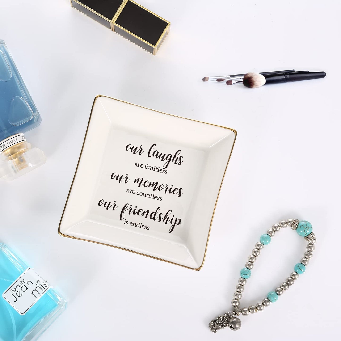 JOYIMARR Endless Friendship Gifts Ceramic Ring Dish Jewelry Tray,Birthday Gifts For Best Friend-Our Laughs Are Limitless,Our Memories Are Countless,Our Friendship Is Endless