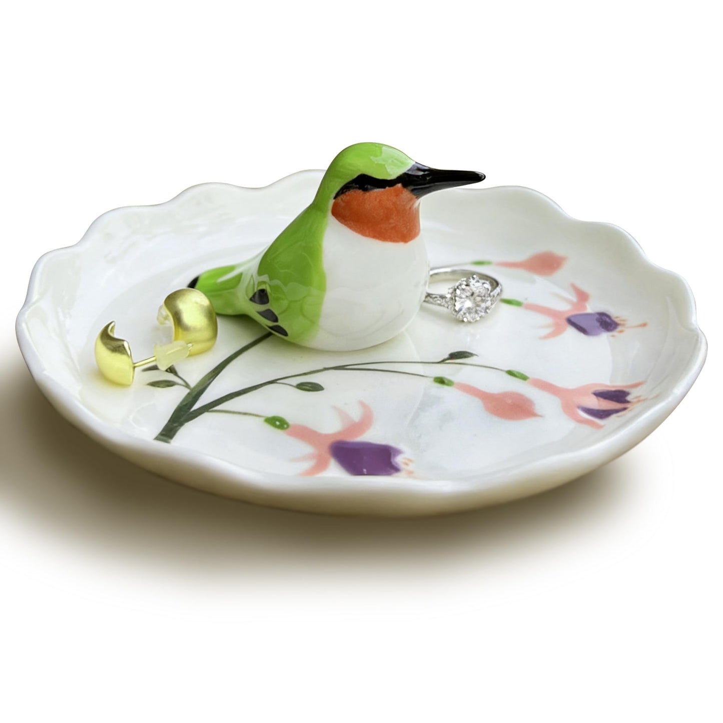 RIHDXCH Hummingbird Ceramic Jewelry Tray– Fuchsia Holiday Trinket Plate for Rings, Earrings & Gifts Handmade Ceramic Jewelry Dish.Valentine's Day Mother's Day Any scenario