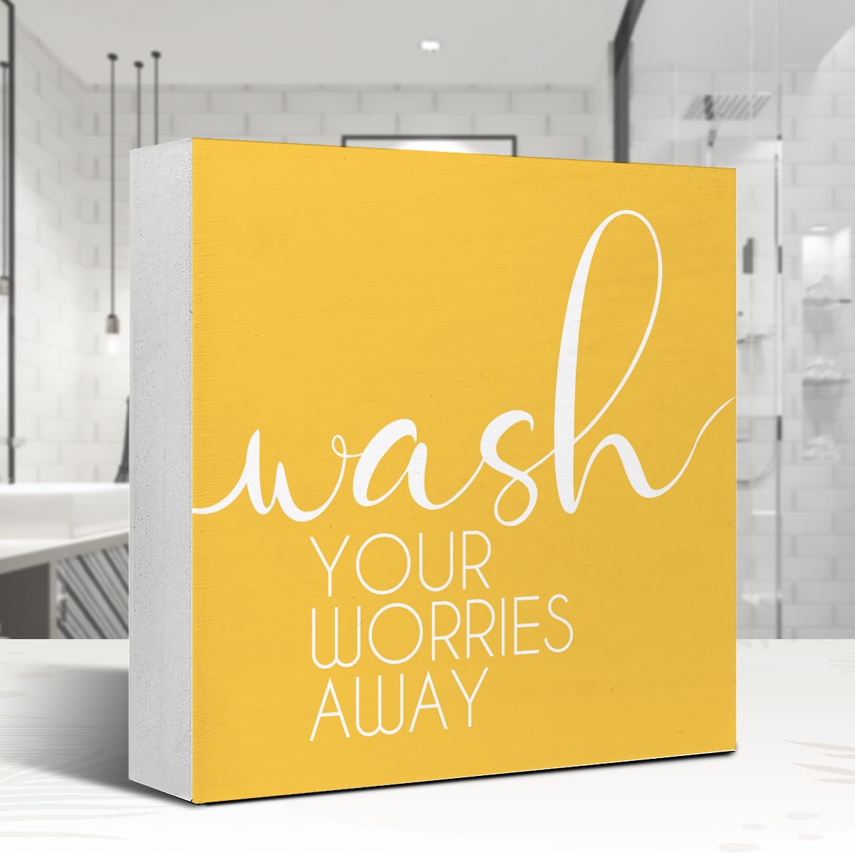 LVQHI Bathroom Decor And Accessories, Wash Your Worries Away Wooden Box Sign, Bathroom Sign Small Decorations For Shelves, Yellow Washroom Toilet Restroom Shelves Decor 5"L x 5"W x 1.1"H